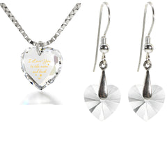 Tiny Heart Jewelry Set 24k Gold Inscribed I Love You to the Moon and Back Necklace and Drop Earrings