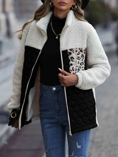 Leopard Color Block Zip-Up Jacket