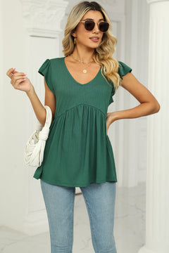 V-Neck Flutter Sleeve Babydoll Blouse