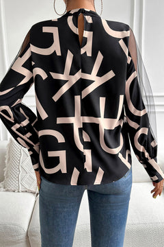 Printed Spliced Mesh Sleeve Blouse