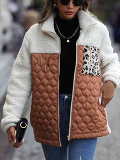 Leopard Color Block Zip-Up Jacket